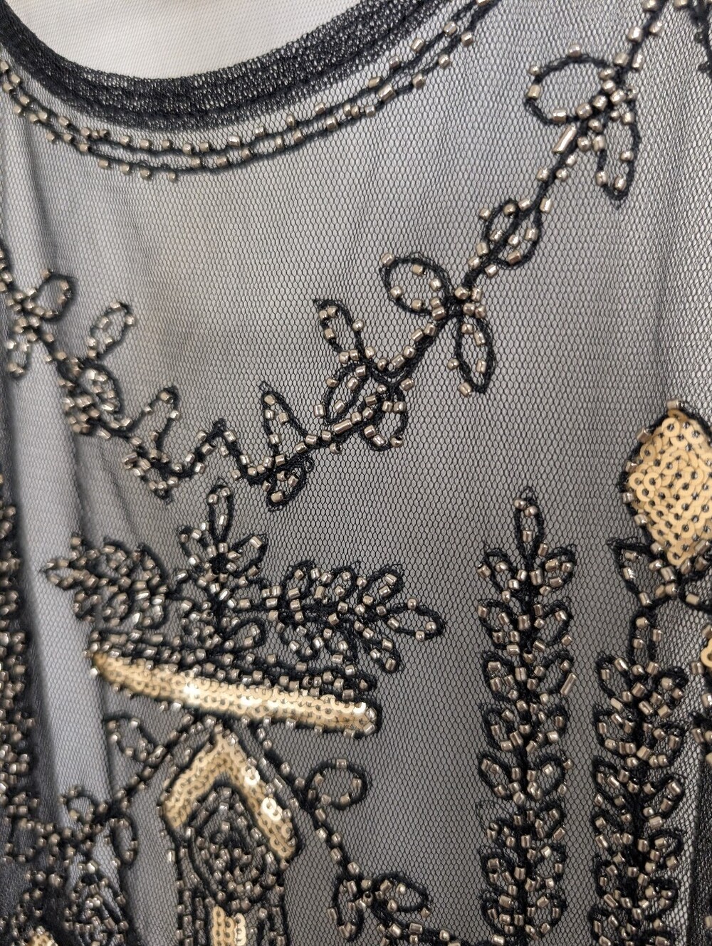 Suzy Shier Beaded Mesh Tank Top Black Gold Sequin Embellished Sleeveless Party T - Picture 5 of 7